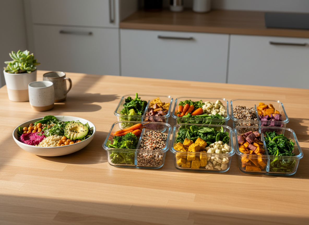 A meticulously arranged vegan meal prep scene displayed on a smooth, light maple kitchen island, featuring glass containers filled with colorful roasted vegetables, quinoa, marinated tofu, and fresh leafy greens. A simple white ceramic bowl in the foreground holds a perfectly composed Buddha bowl topped with seeds and microgreens. Soft morning daylight pours in from an unseen window to the left, casting gentle shadows and a clean, natural glow across the food. The background is subtly blurred, revealing minimalist white cabinets and a small plant for freshness. Photographic realism, eye-level composition with a shallow depth of field, conveys a professional, balanced, and inviting atmosphere aligned with holistic, clean eating guidance.