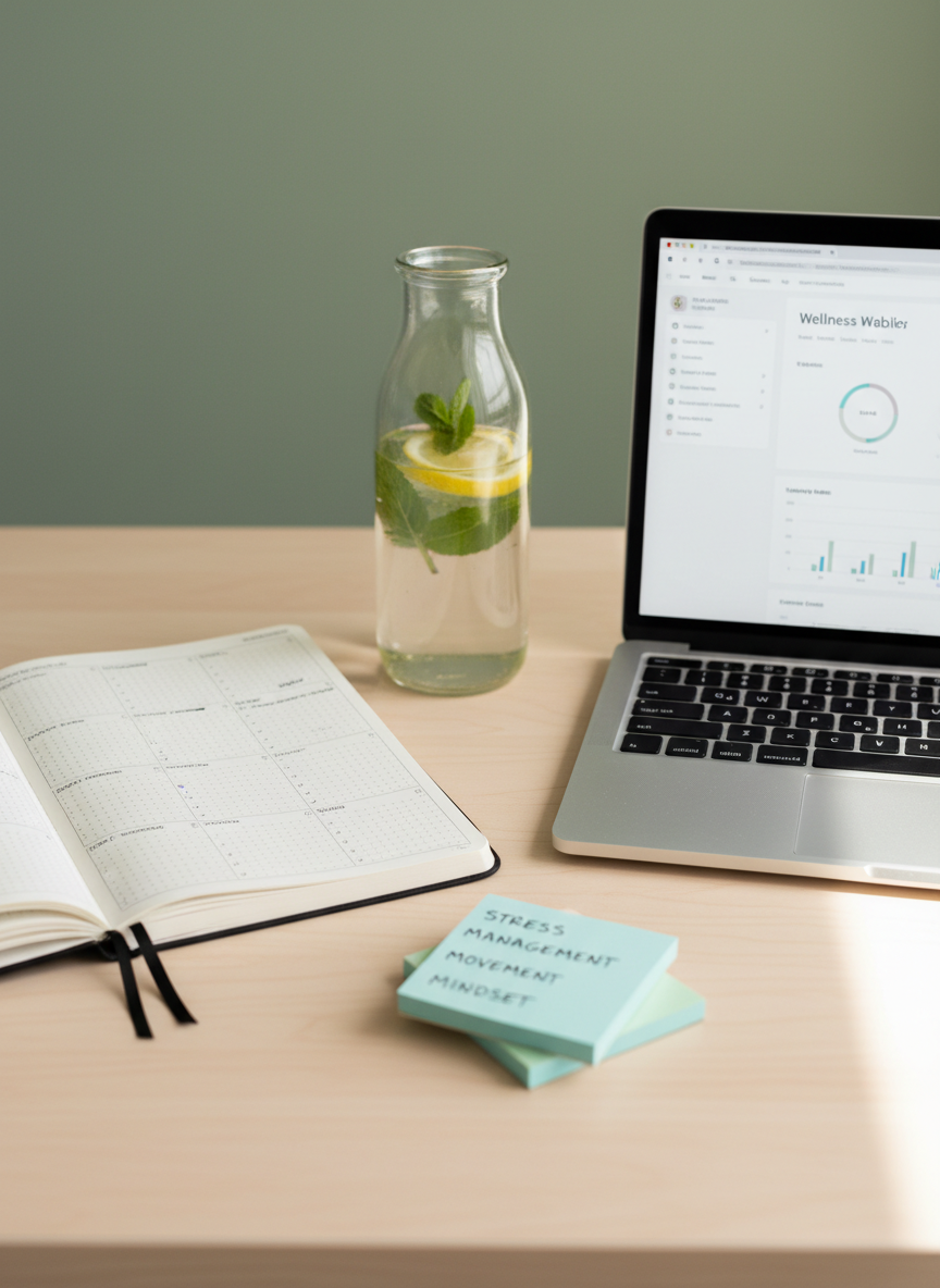 An organized wellness workspace on a pale birch desk, featuring an open dotted journal with neatly written habit trackers, a sleek silver laptop displaying a simple wellness dashboard, and a clear glass bottle of infused water with lemon and mint. Nearby, a small stack of pastel sticky notes lists goals like “stress management,” “movement,” and “mindset.” Natural daylight filters in from the right, creating soft highlights on the paper textures and glass, while the background fades into a calm, blurred wall in muted sage. Shot from a slightly elevated angle in photographic realism, the composition follows the rule of thirds, evoking clarity, structure, and a professional, focused mood for life planning and habit building.