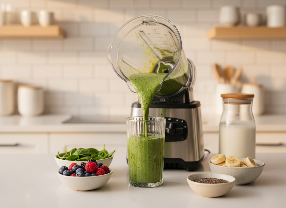 A thoughtfully styled kitchen countertop with a large, clear high-speed blender mid-pour, thick emerald-green smoothie streaming into a tall, ribbed glass. Surrounding the blender are small bowls of spinach, frozen berries, sliced banana, chia seeds, and oat milk in a glass carafe, all arranged on a matte white quartz surface. Gentle golden hour sunlight enters from the left, catching droplets and giving the smoothie a vibrant, fresh glow. The background is softly blurred, revealing only hints of white subway tile and light wooden shelves. Shot from a slightly elevated close-up angle in photographic realism, the mood is energizing yet clean, embodying nutrient-dense, plant-based nourishment for holistic vegan health coaching.