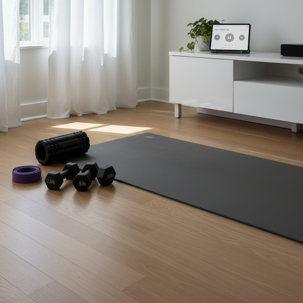 A serene living room corner transformed into a minimalist home fitness space, featuring a neatly unrolled charcoal-gray yoga mat on smooth oak flooring, with a set of matte black dumbbells, a resistance band, and a foam roller aligned precisely along one edge. A low white media console in the background holds a tablet propped up, paused on a clean, modern workout interface. Soft, diffused afternoon light filters through sheer white curtains, creating subtle shadows and a tranquil ambiance. Captured at eye level with sharp focus throughout and photographic realism, the composition feels airy and uncluttered, emphasizing balance between cardio, pilates, and strength training in a calm, professional home environment.